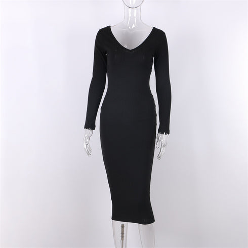 Long Skirt Deep V-neck Long-sleeved Knitted Jumper - ROUTINE FASHION